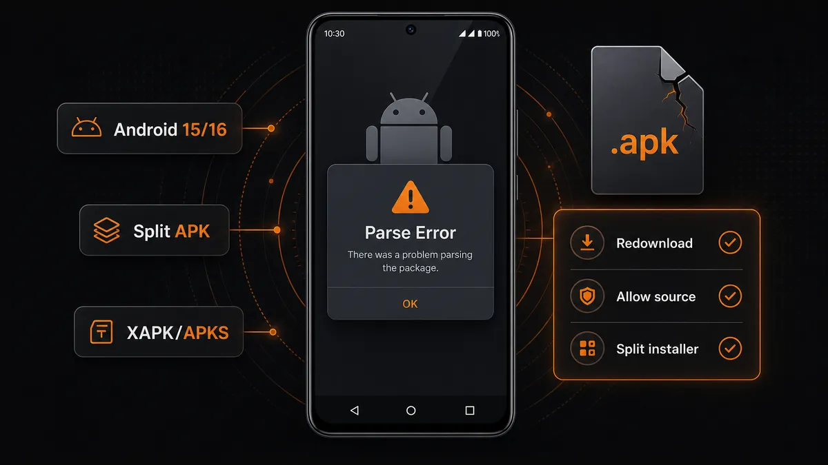 Android phone showing a Parse Error card with APK, Android 15/16, Split APK, and XAPK/APKS troubleshooting labels