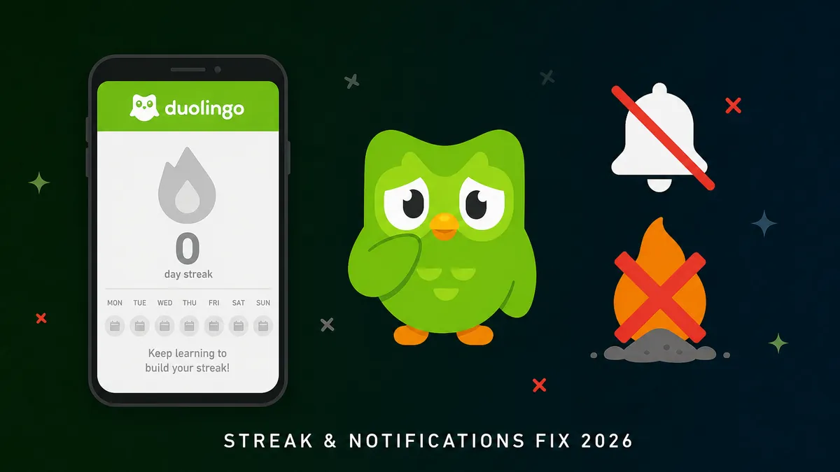 Duolingo owl mascot with cracked notification bell and broken streak flame icons on dark green background — Streak and Notifications fix 2026