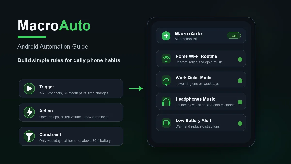 MacroAuto beginner guide showing Android automation trigger action constraint workflow with Wi-Fi Bluetooth battery and notification ideas