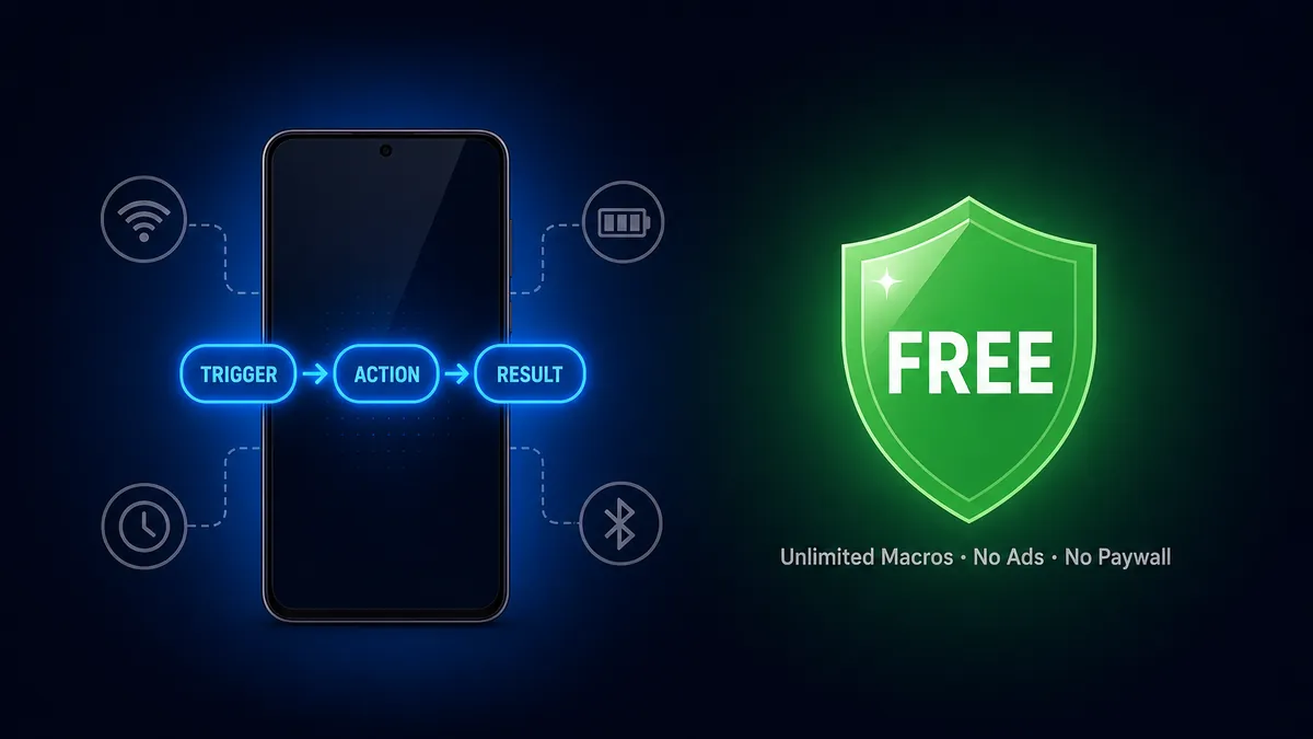 Android automation app with trigger-action-result workflow and FREE badge — MacroAuto unlimited macros no paywall