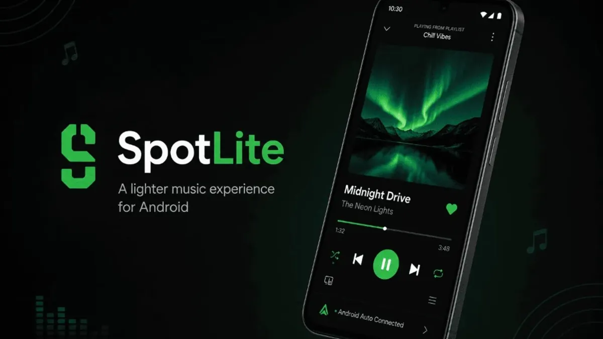 SpotLite lightweight Spotify alternative for Android with small APK, clean player, no ads, Android Auto, lyrics, and custom UI