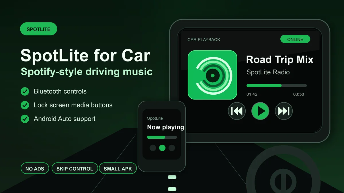 SpotLite car listening guide showing Bluetooth car stereo controls, Android media controls, and lightweight Spotify-style playback