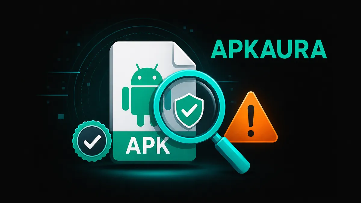 Apkaura APK inspection illustration with package, signature, and permission checks