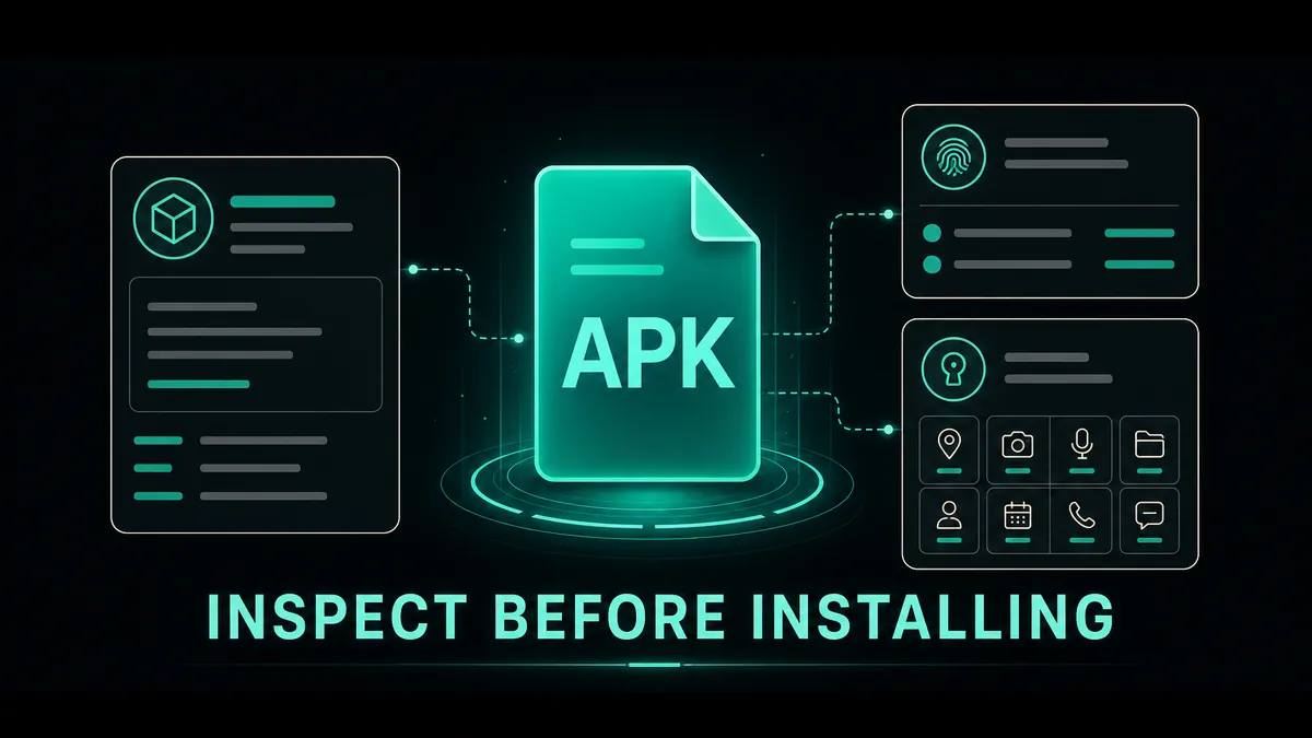 APK inspection illustration showing package name, version and signature, and permission details before installation