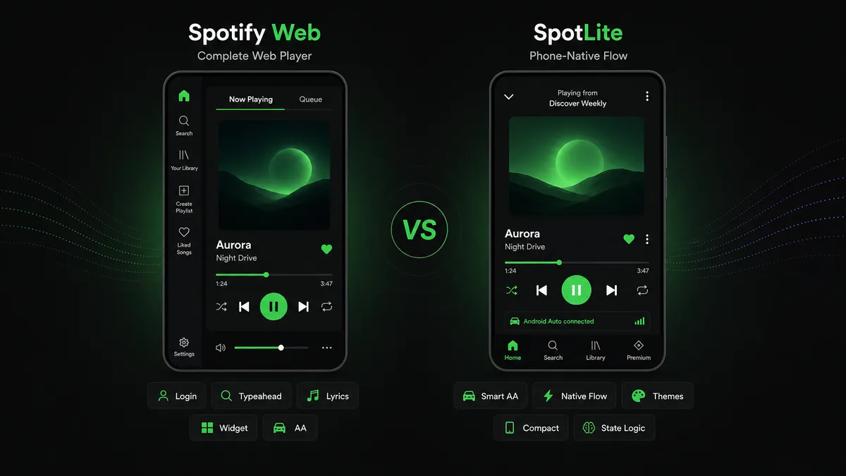 SpotLite vs Spotify Web comparison showing Spotify Web as a desktop-adapted Android WebView APK and SpotLite as a phone-native Android music app interface with smarter Android Auto and humanized controls
