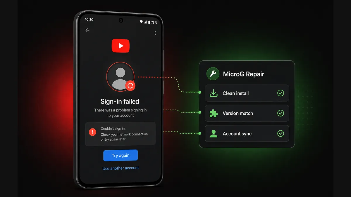 YouTube Premium APK MicroG sign-in troubleshooting showing account loop, version match, and clean login flow
